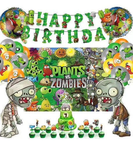 Cotillon Cumpleaños Plantas Vs Zombies Globos+ Tela De Fondo