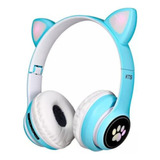 Fone Bluetooth Orelha De Gato Azul Led Colorido