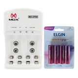 Carregador Mox + 4 Pilhas Aa Recarregáveis 2700 Mah Elgin