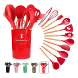 Kit Utensílios Cozinha Silicone Colher Copo Suporte 12 Pçs