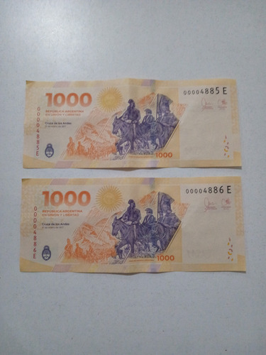 Lote 2/billetes Serie E, $1000, Baja Numeración. Exc. Correl