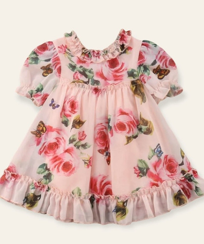 Vestido Niña Rosa Con Flores En Gasa Talla 12 Meses A 4