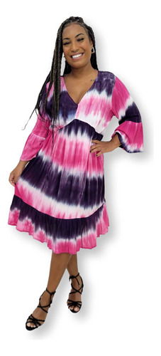 Vestido Curto Crepe Indiano Manga Longa Tie Dye Plus Size