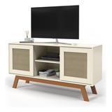 Rack Rattan Com Bancada Tv 55 Para Sala De Estar  - Offwhite