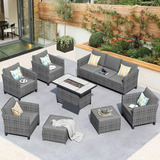 Set Muebles Patio Con Mesa Fuego, Sofá Ratán Gris