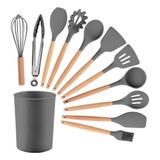 Kit 12 Utensílios De Cozinha Em Silicone E Cabo De Madeira Cor Cinza-escuro