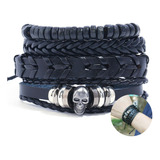 Conjunto Pulsera Brazalete Hombre Cuero 4 En 1 Dije Calavera