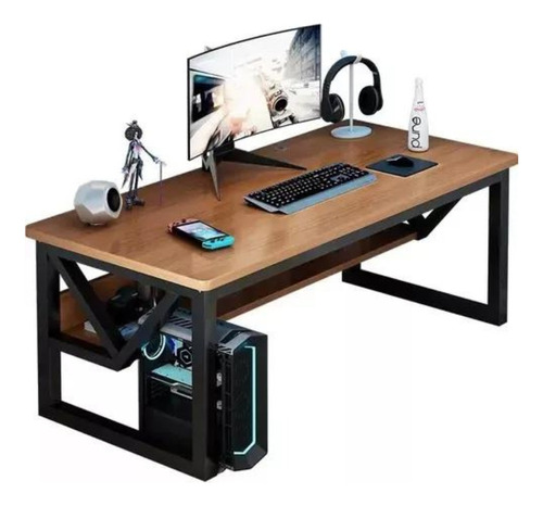 Mesa Gamer Com Prateleira Aço E Madeira Moderna Para Pc