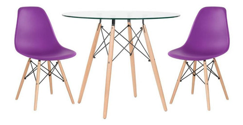 Mesa De Vidro Eames Wood 80 Cm 2 Cadeiras Eiffel Dsw Cores Cor Da Tampa Roxo