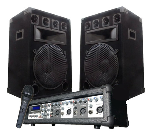 Combo Consola Potenciada 4ch Con Usb + 2 Bafles 500w + Mic