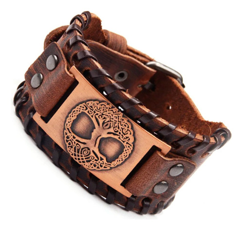 Pulseira Bracelete Couro Viking Runas Árvore Da Vida Custom