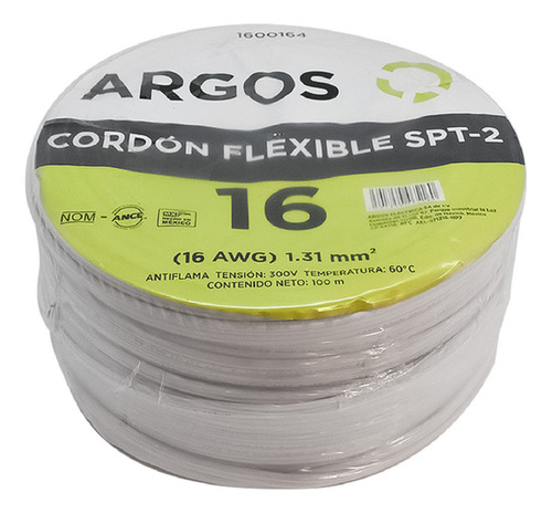 Cable Duplex Flexible 16 Argos 100% Cobre 300v 100 M Blanco