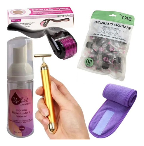 Kit Facial Massageador Espuma E Faixa Protetora Derma Roller