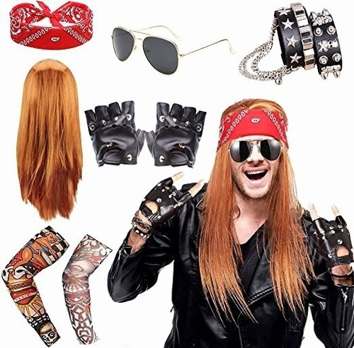 Rockabilly Conjunto De Disfraces Heavy Metal Hippie Disfraces Pelucas Largas