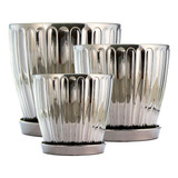 Jogo 3 Vasos Cachepot Cerâmica Prata Metalizado Euxenita