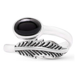 Anillo Ajustable Pluma Ónix Negro Ovalado- Plata De Ley 925 