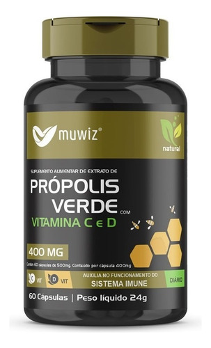 Extrato De Própolis Verde + Vitaminas C E D - 60 Cápsulas 400mg - Muwiz
