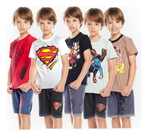 5 Conjunto Infantil Kit Camiseta Com Bermuda Moletinho Herói