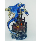 Enfeite Resina Dragão Azul Led 26cm Castelo Tesouro 