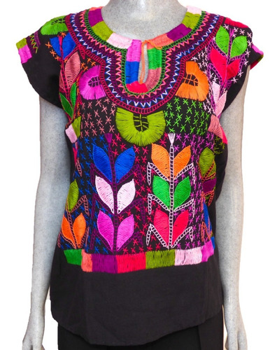 Blusa Bordada A Mano De Chiapas Talla S / Negra / Milpa 4