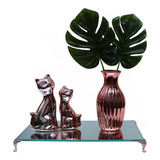 Kit Vaso Com Planta + Conjunto De Gatos Rose + Bandeja