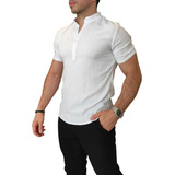 Camisa Camisolín Manga Corta Hombre Lino Cuello Mao Premium 