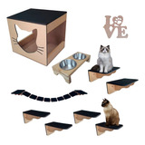 Playground Gatos Parede 8 Pcs Com Comedouro Brinquedo Gato 