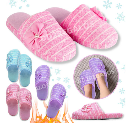 Pantufla Mujer Antideslizante Abrigadas Invierno Moño Oferta