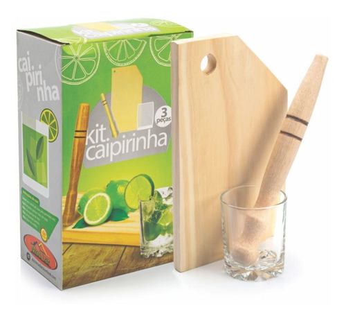 Kit Caipirinha Em Madeira 3 Peças  Copo - Tabua E Socador