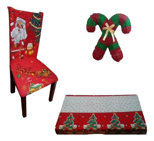 Set 6 Fundas De Sillas Con 4 Bastón Y Mantel Navideño 