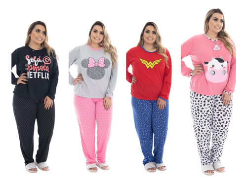  Kit 4 Pijamas De Frio Feminino  Longo Plus Size Estampado