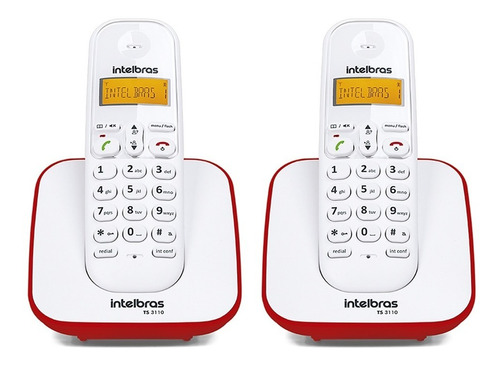 Kit Telefones Sem Fio Residencial E Escritório Fashion Digital Ts 3110 Branco E Vermelho + 1 Ramal Intelbras