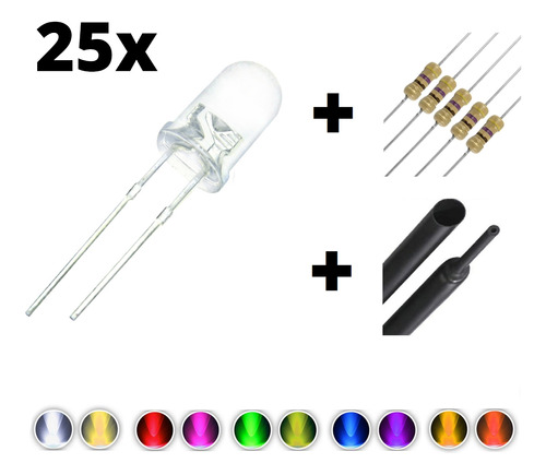 25x Led 5mm Alto Brilho +termo Retrátil +resistor 5 9 12 24v