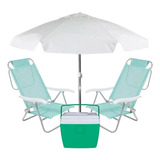 Kit Cooler 36l Verde +2 Cadeiras Praia 6 Posições+guarda-sol