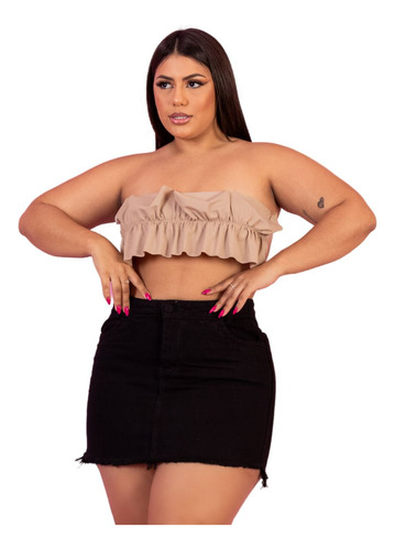 Saia Jeans Preta Plus Size Cintura Alta Barra Desfiada