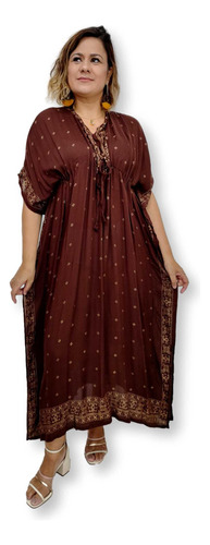 Vestido Kaftan Longo Indiano Viscose Liso Dourado Plus Size 