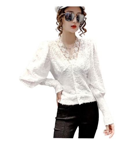 Camisa Blusa Mujer Social Elegante Bordado Volante Lujo