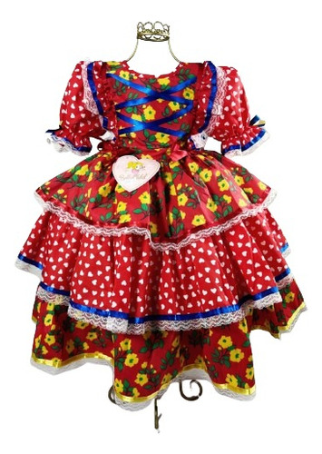 Vestido Infantil Festa Junina Caipira Luxo 4 Ao 12 + Tiara