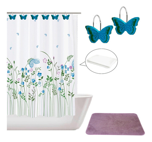 Combo Cortina Baño Diseño Moderna Tela Estampada Mariposas