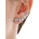 Brinco Ear Cuff Folhas Com Zirconias Colors Ródio Branco