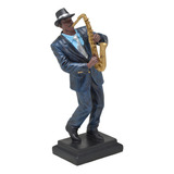 Escultura Musico Saxofonista Decor Em Resina Azul E Preto