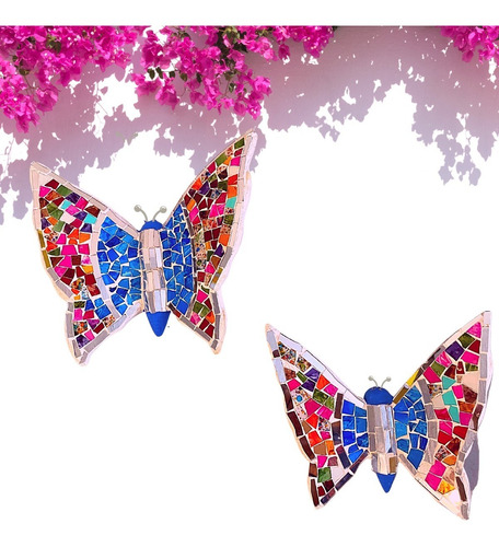 Set 2 Mariposas Pared Cristal Multicolor Y Centro Azul