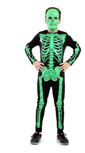 Roupa De Esqueleto Verde Infantil Luxo Caveira De Halloween