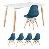 Kit Mesa Jantar Eames Retangular 120 X 80 Cm 4 Cadeiras Dsw Cor Da Tampa Mesa Branco Com Cadeiras Azul Petróleo