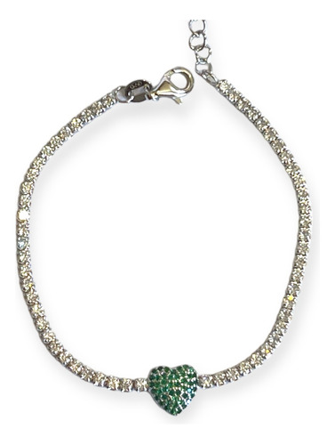 Pulsera De Plata 925 Italiana Corazon Verde Diamantada Fina