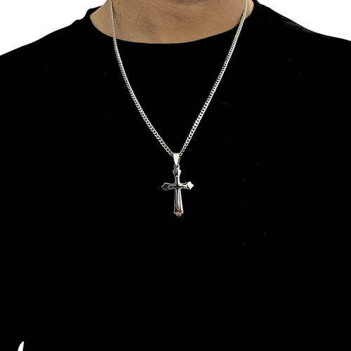 Corrente De Prata Aço Inox 60cm 2mm + Pingente Crucifixo