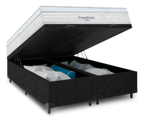 Cama Box Baú Bipartido Preto + Colchão Freedom Ortobom Casal