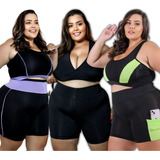 3 Conjuntos Fitness Short E Cropped Plus Size Academia Exg