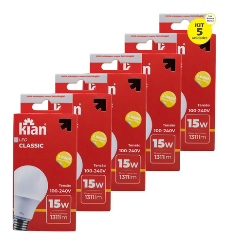 Kit 5 Lampada Led Kian 15w Bulbo Amarela 3000k