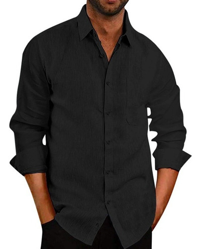 Camisa Cuello Mao Lino Hombre Casual Manga Larga Slim Fit